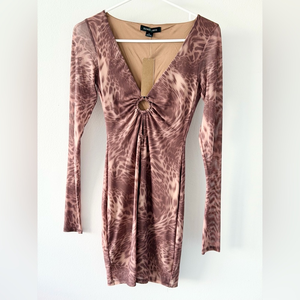 Silence + Noise Brown Animal Print Bodycon Mini Dress Long Sleeve NWT Size S/P